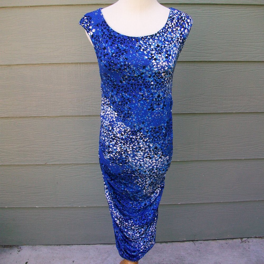 Leota Sheath Dress Sz S Blue Spots Shirred Slinky